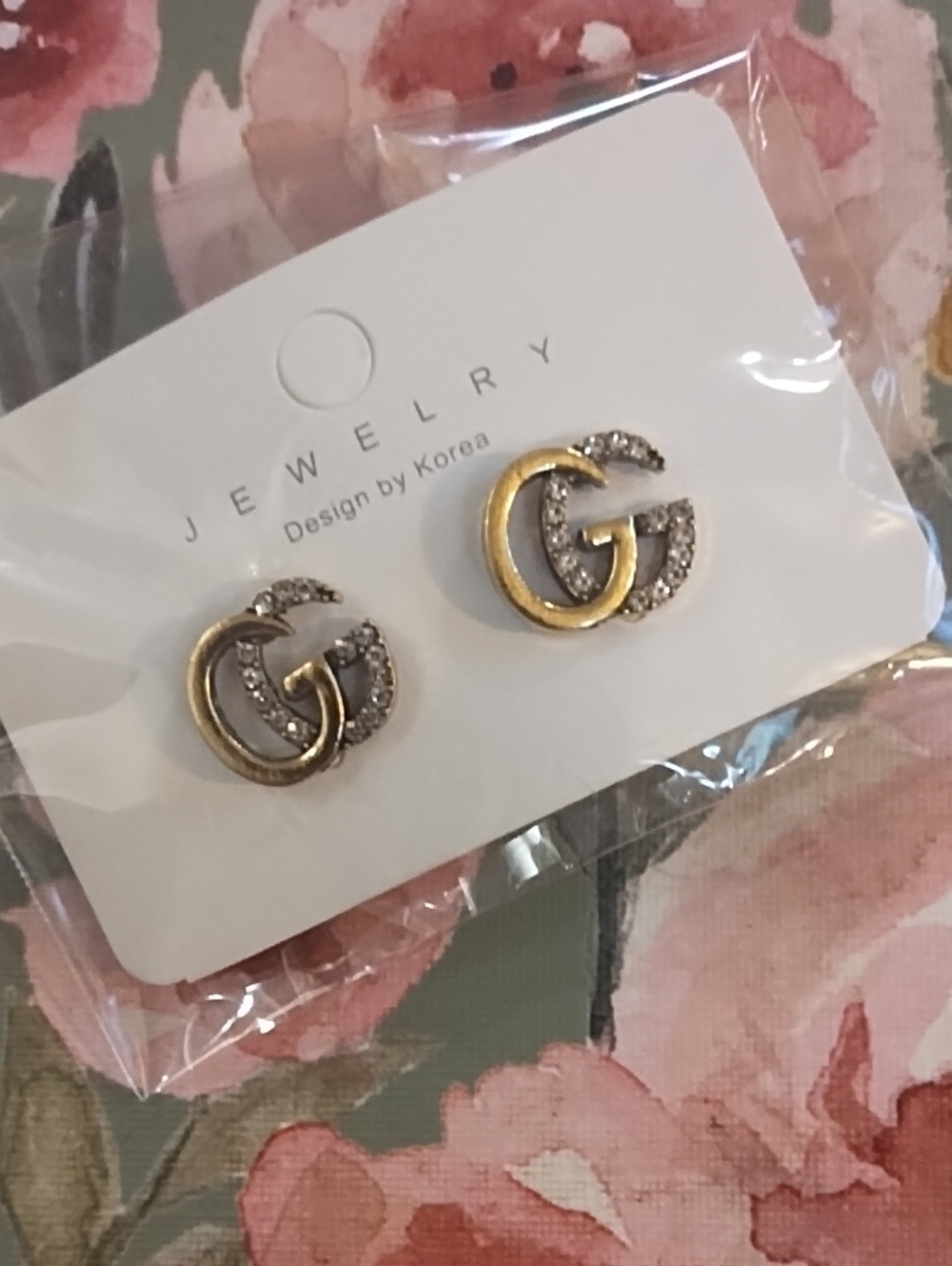 Gold and Rhinestone Double-G Stud Earrings - Women Jewelry